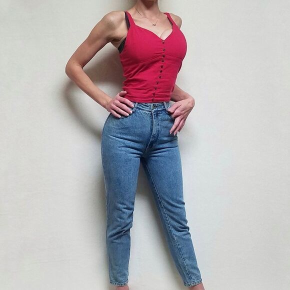 VINTAGE 1980s Bongo Light Stone Wash High Waisted Slim Tapered Skinny Leg Jeans - Picture 2 of 16